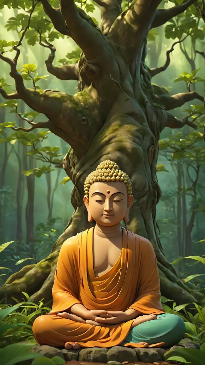 Create a 3D illustrator of an animated image of Buddha meditating under  a tree in the forest. Beautiful, colourful and spirited background greenary illustrations.