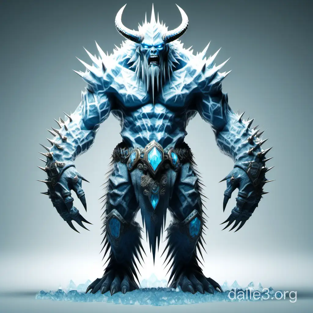 full body render of massive intimidating giant made of icy stone, covered in sharp, icy spikes and has cold, empty blue eyes. has tusks and horns in dnd monster style