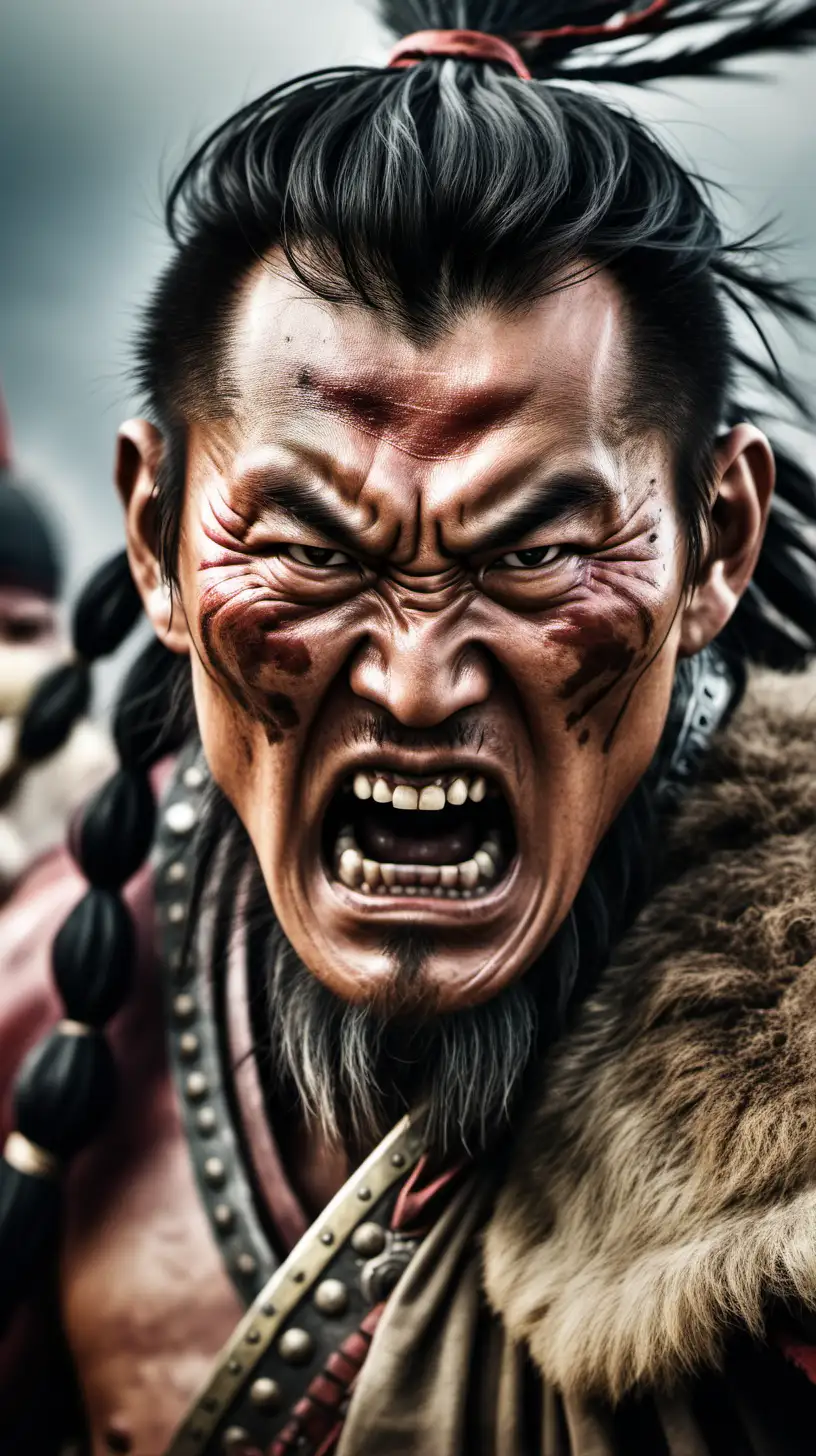 create a image of ancient angry  mongolians in close up view ragging for enemies

