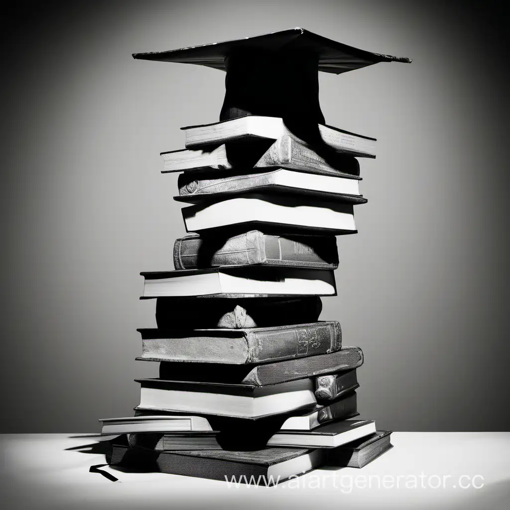 Памятник студенту, выполненный из книг в полный рост и шапка студента наверху, галстук
