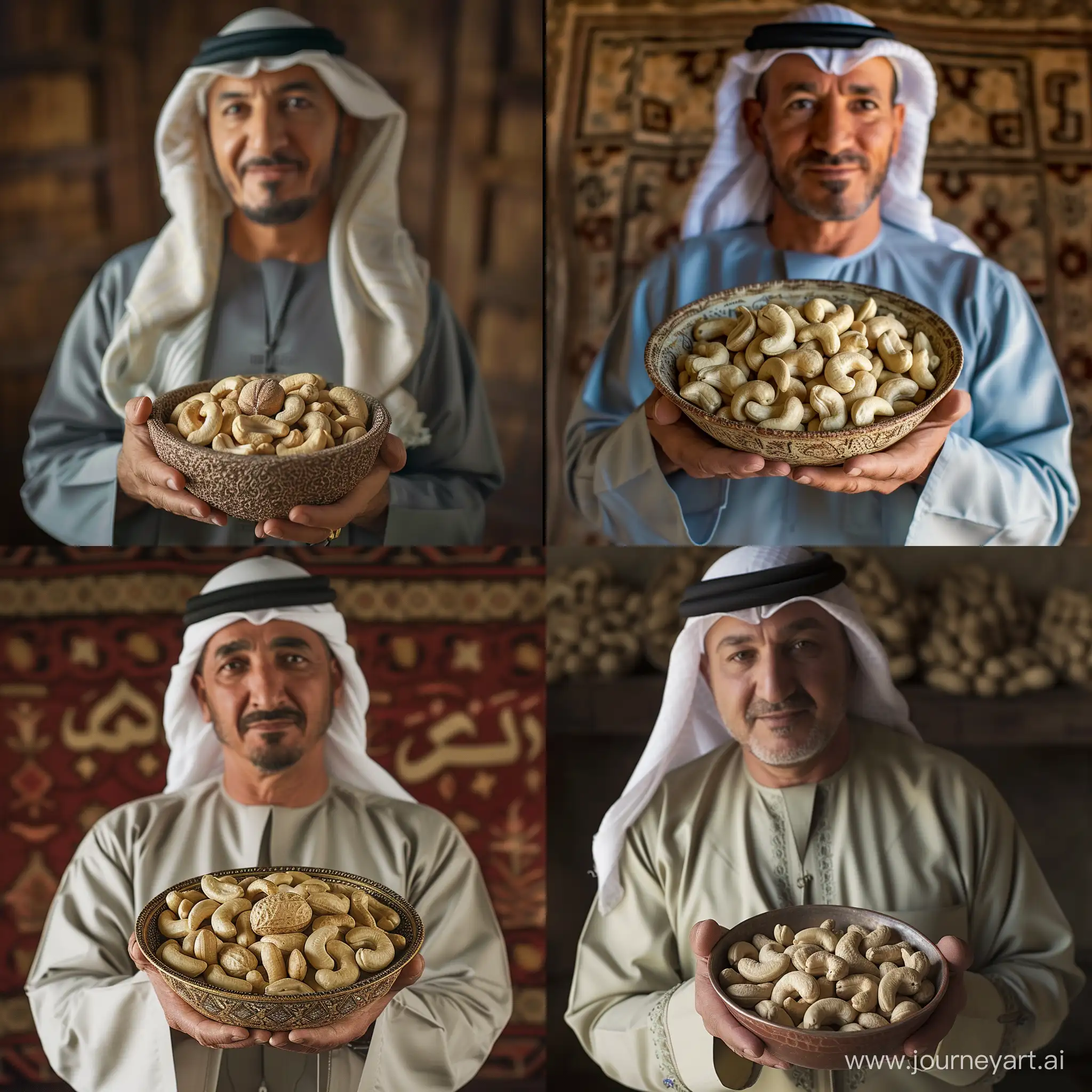 MiddleAged-Arab-Man-Showcasing-Fresh-Cashew-Nuts-in-Exquisite-Bowl