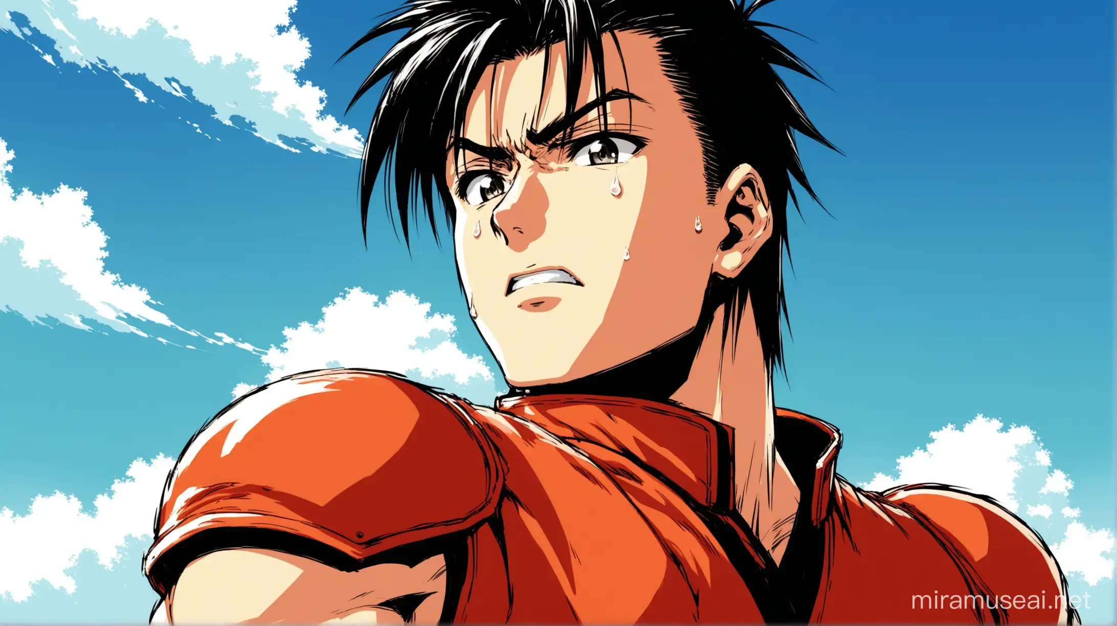 Akira de Virtua Fighter, ému avec les larmes aux yeux, qui regarde vers le ciel, style manga