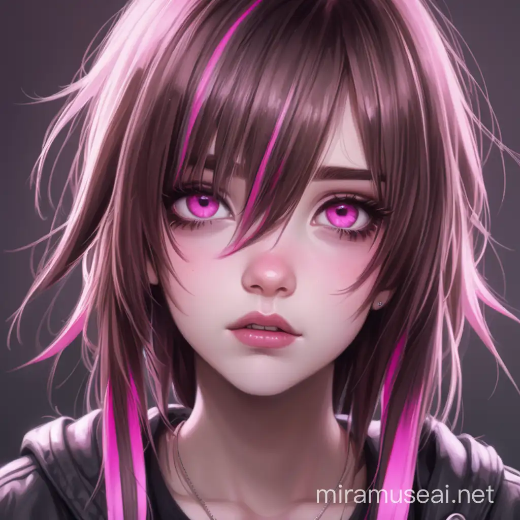  girl with pretty brown hair with pink streaks, pink eyes, dressed grunge/butch
