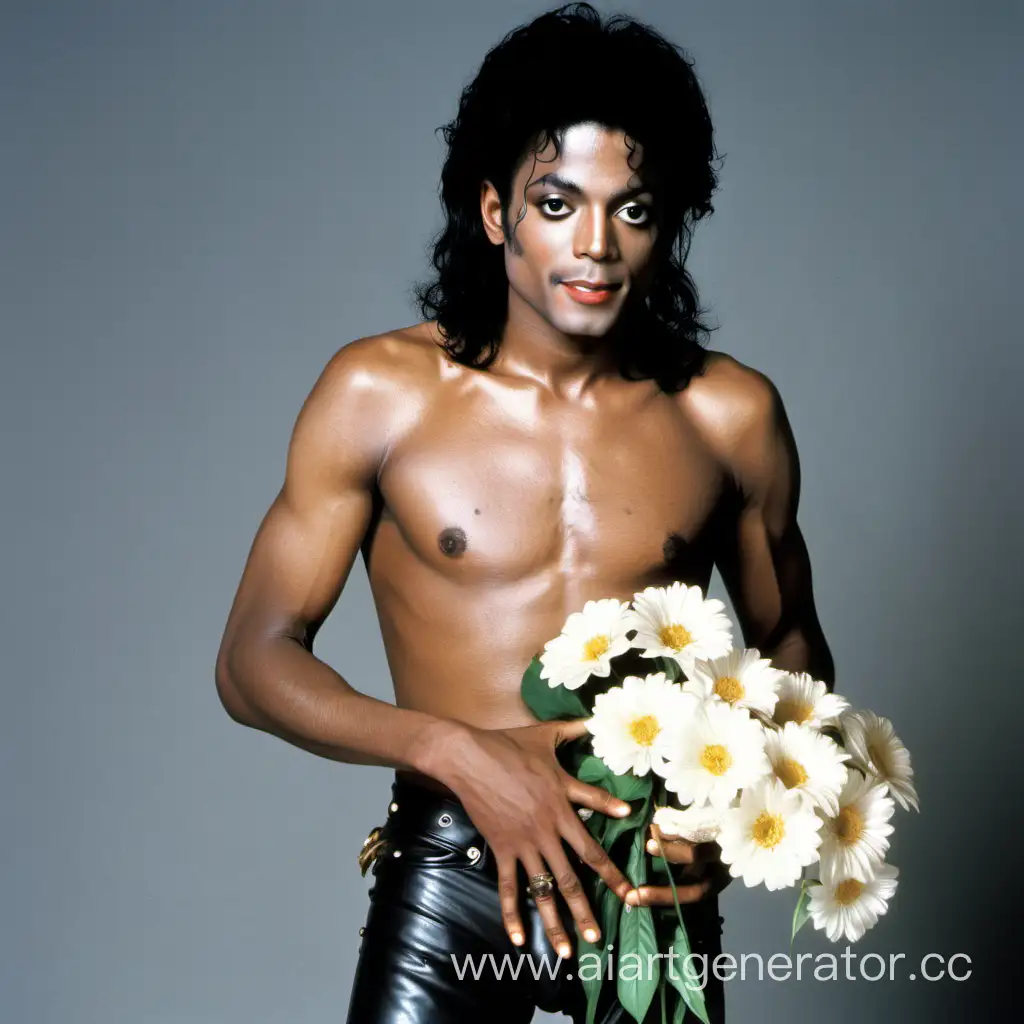 Michael Jackson with a bare torso and flowers in his hands