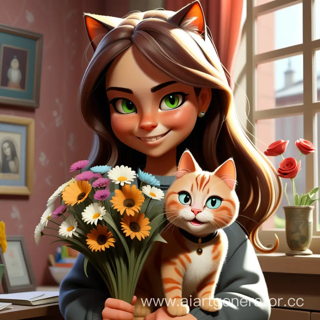 Поздравление в Татьянин день, Татьяна студентка, ей котик дарит цветы, Татьяна счастлива