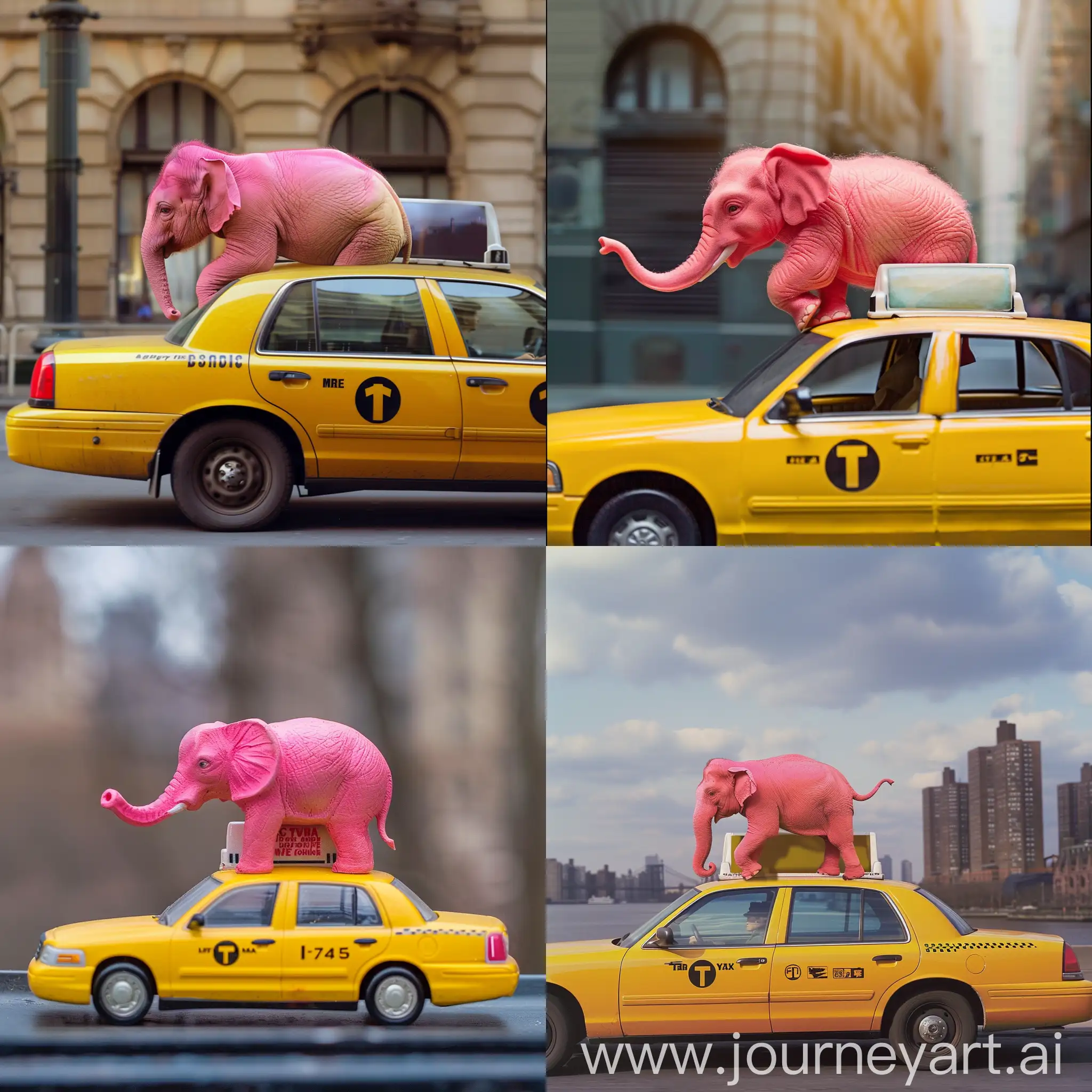 pink elephant in yellow taxi
