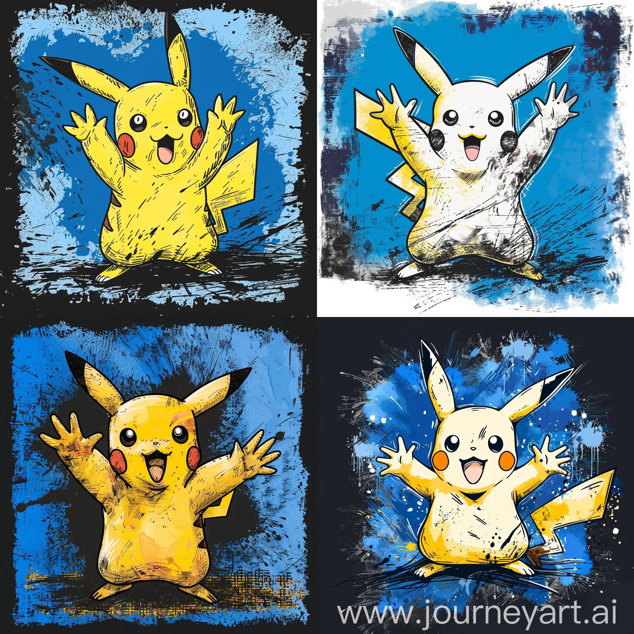 Ralph Steadman style character,A cute Pikachu  with hands up in a thick line hand-drawn style, plush feeling, vector file, watercolor, blue and black background , rough, minimalism, front view