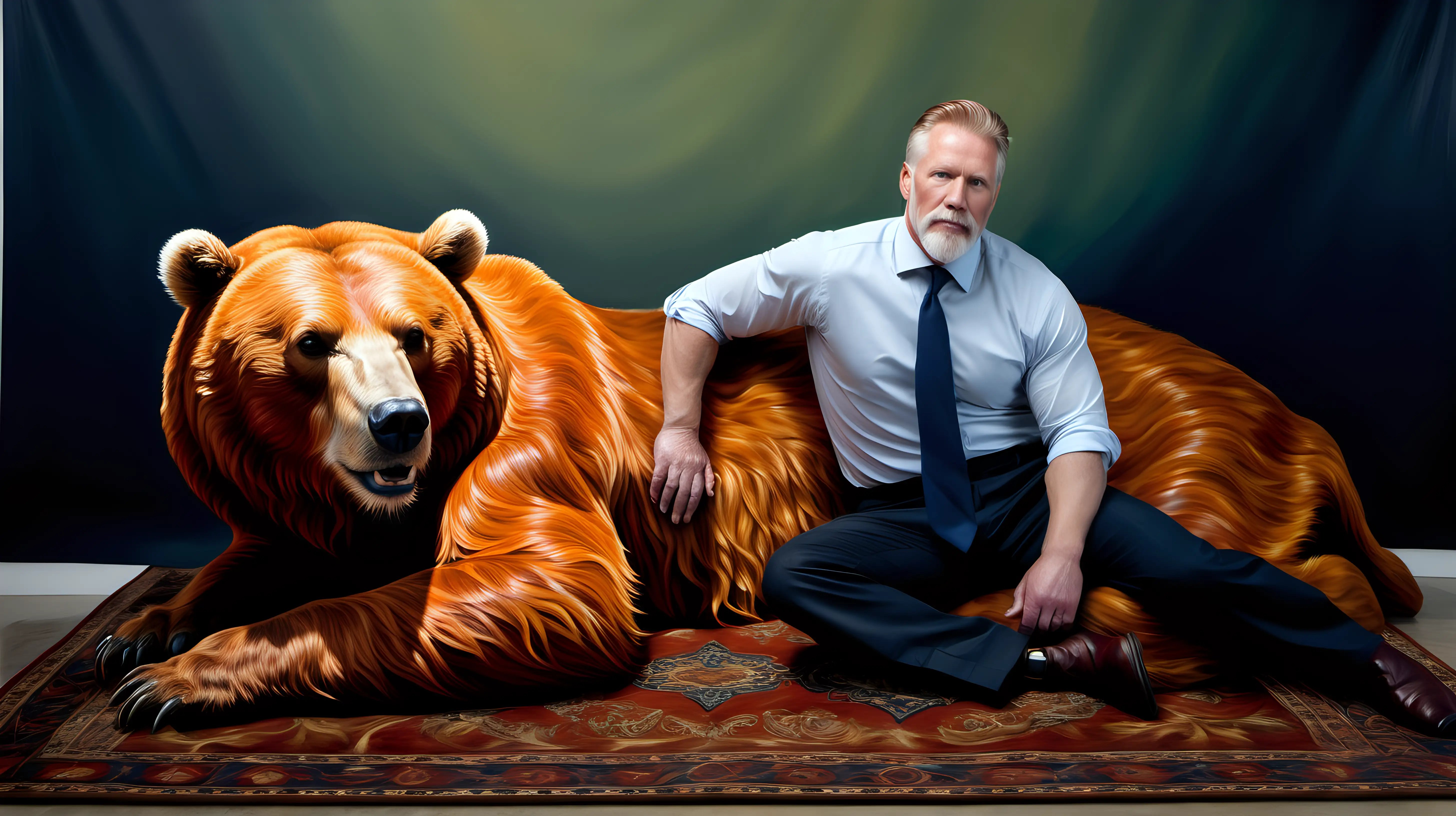 full body oil painting of muscular 50 year old white man with ginger hair and beard lying on a bear rug