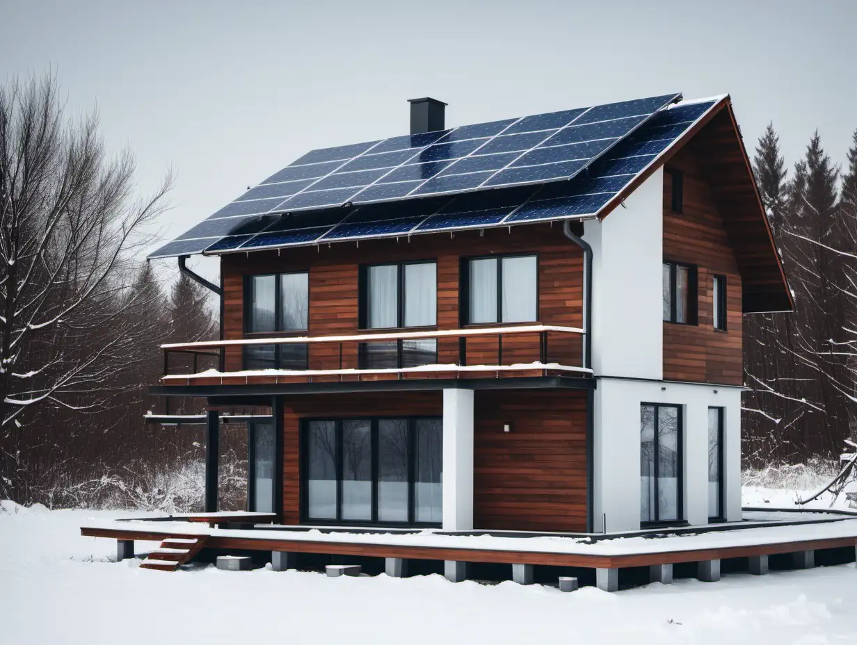 A winter house with solar panels on the roof