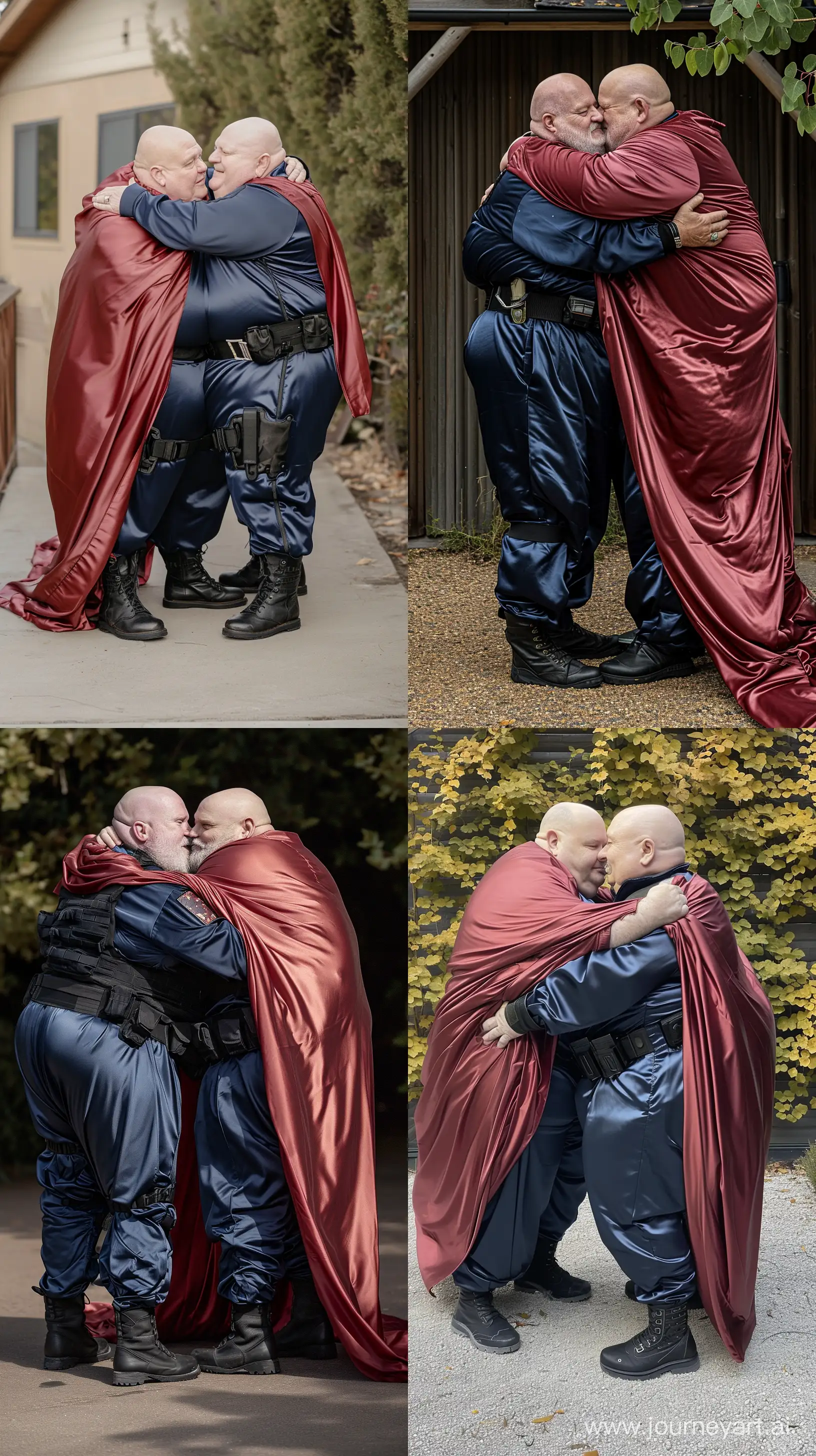 Lateral photo of two chubby men aged 70 wearing a silky navy tracksuit. Black tactical belt and boots. Large red silky cape. They are hugging each other. Bald. Clean Shaven. Outside. --style raw --ar 9:16 --v 6