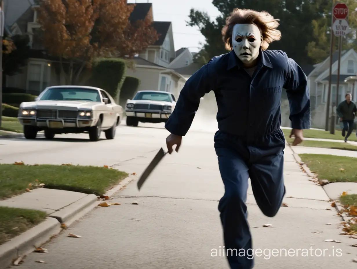 Michael Myers is running after a man in the street