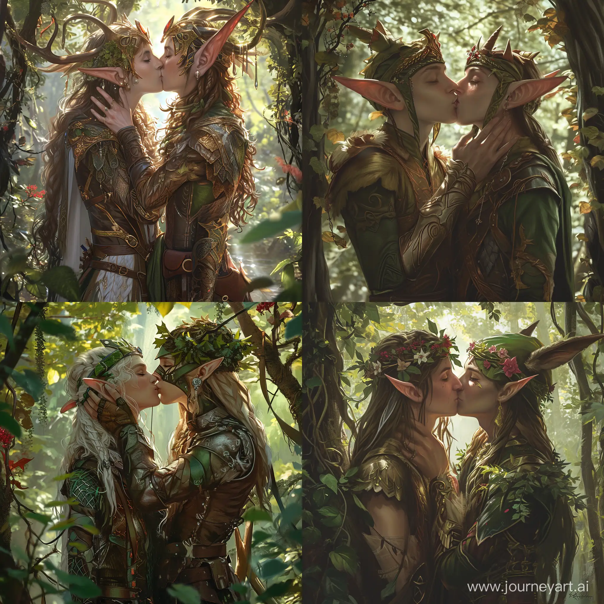 Enchanting-Forest-Kiss-Elf-Couples-Romantic-Moment-in-Detailed-Fantasy-Art