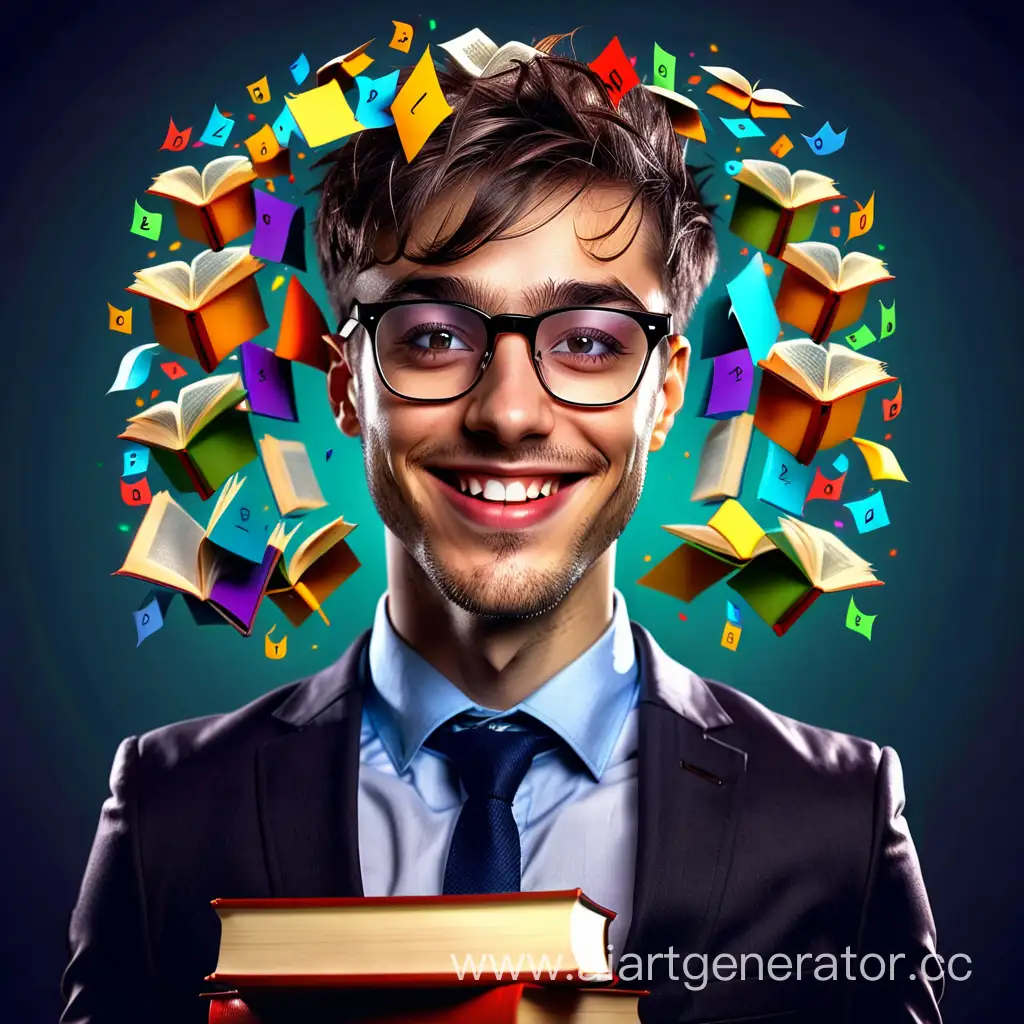 Человек 25-30 лет в очках и костюме улыбается и подмигивает в кадр, глаза более реалистичные, вокруг человека летают книги, над головой значок гениальной идеи, картинка разноцветная, без фона