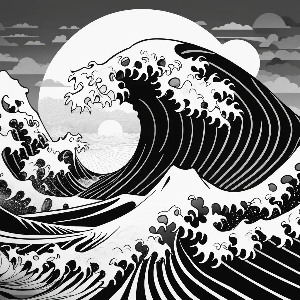 black and white asian style wave with sun in background

