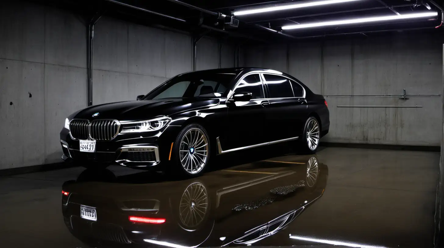 Sleek Black BMW 7 in Illuminated Underground Garage