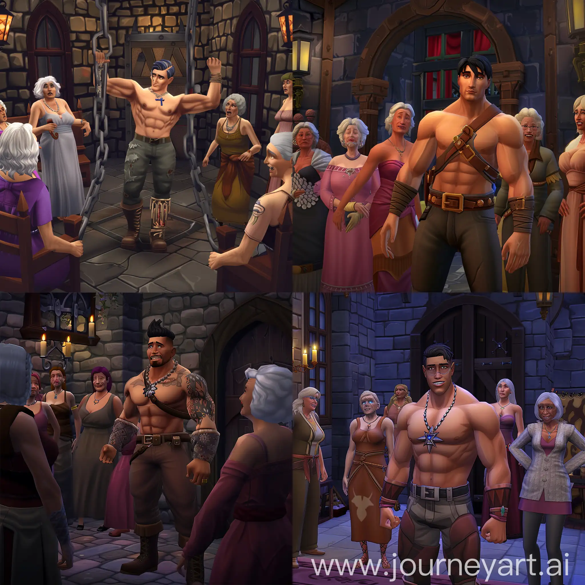 A muscular Sims character gets trapped in a Dungeon surrounded by older women