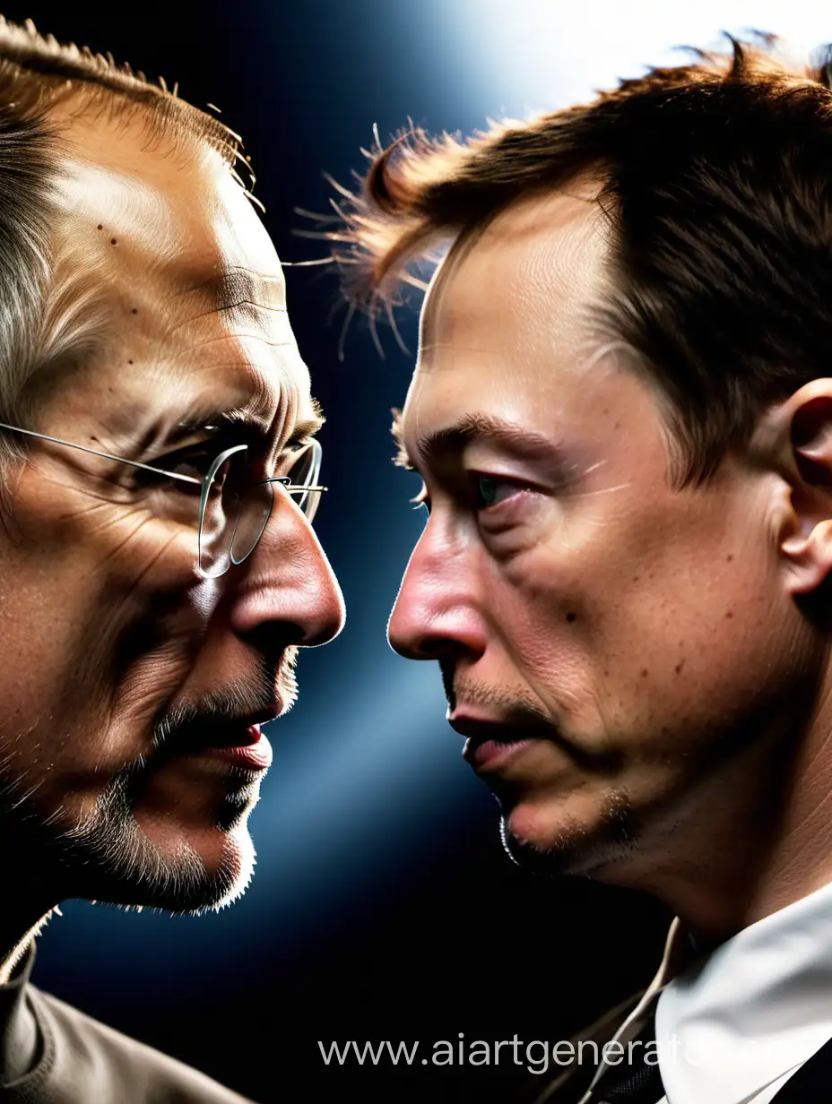 Steve Jobs and Ilon Musk standing with their backs to each other close-up, phone photo style