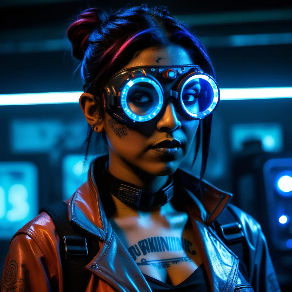 Actress Mindy Khaling as Cyberpunk Drug Junkie with Glowing Goggles and Tattoo