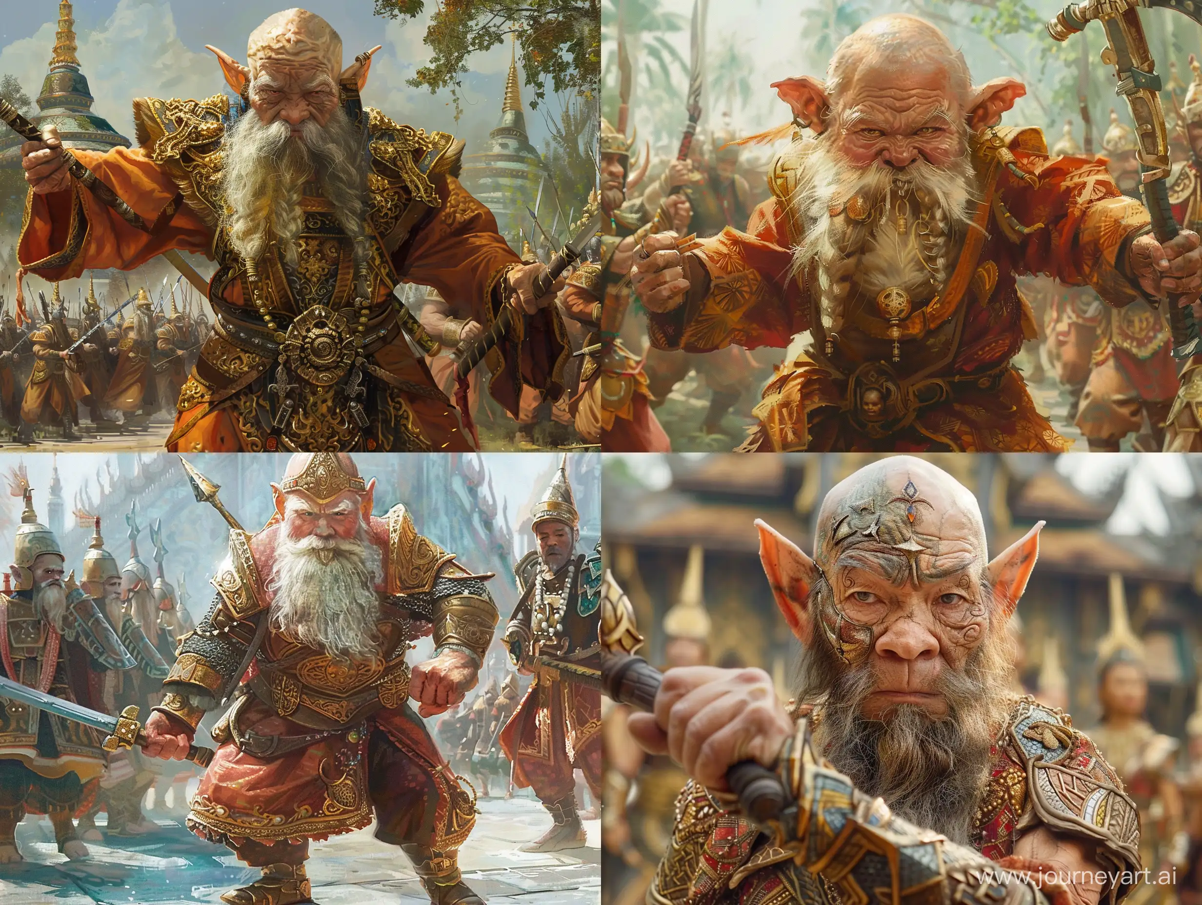 The Thai Dwarf warrior in traditional Thai attire is forming an army Strong body like in the Hobbit movie The appearance is of a Thai person from the Ayutthaya period., style painting