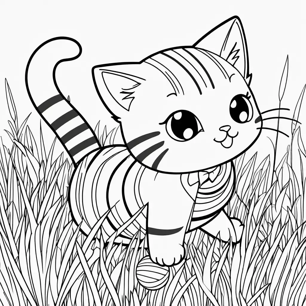 Adorable Kawaii Cat Playing with Striped Ball Coloring Page