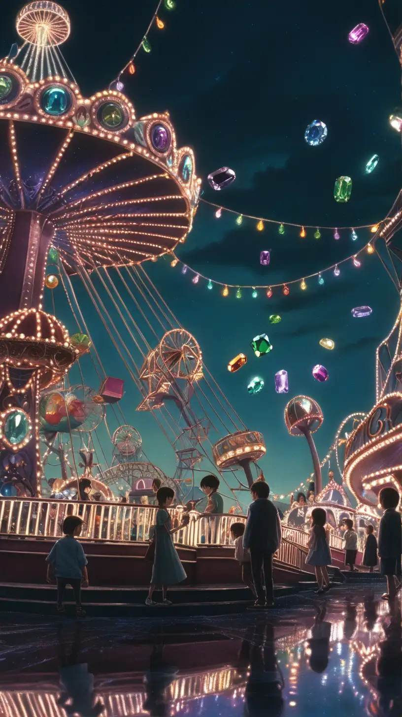 macro, ghibli art style, ugly art, dark fantasy, gleaming jewels, amusement park