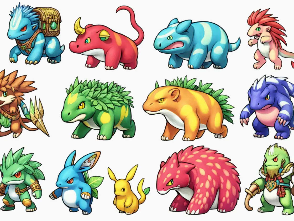 secret of mana style, 8 different elemental creatures, no background