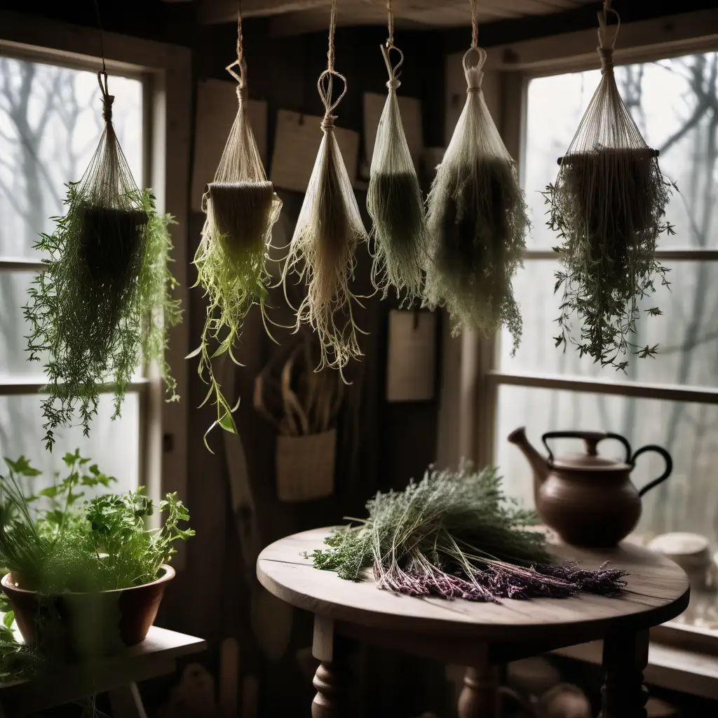Kitchen witch in cottage room ethereal oracle card realistic earthy hanging herbs drying 
