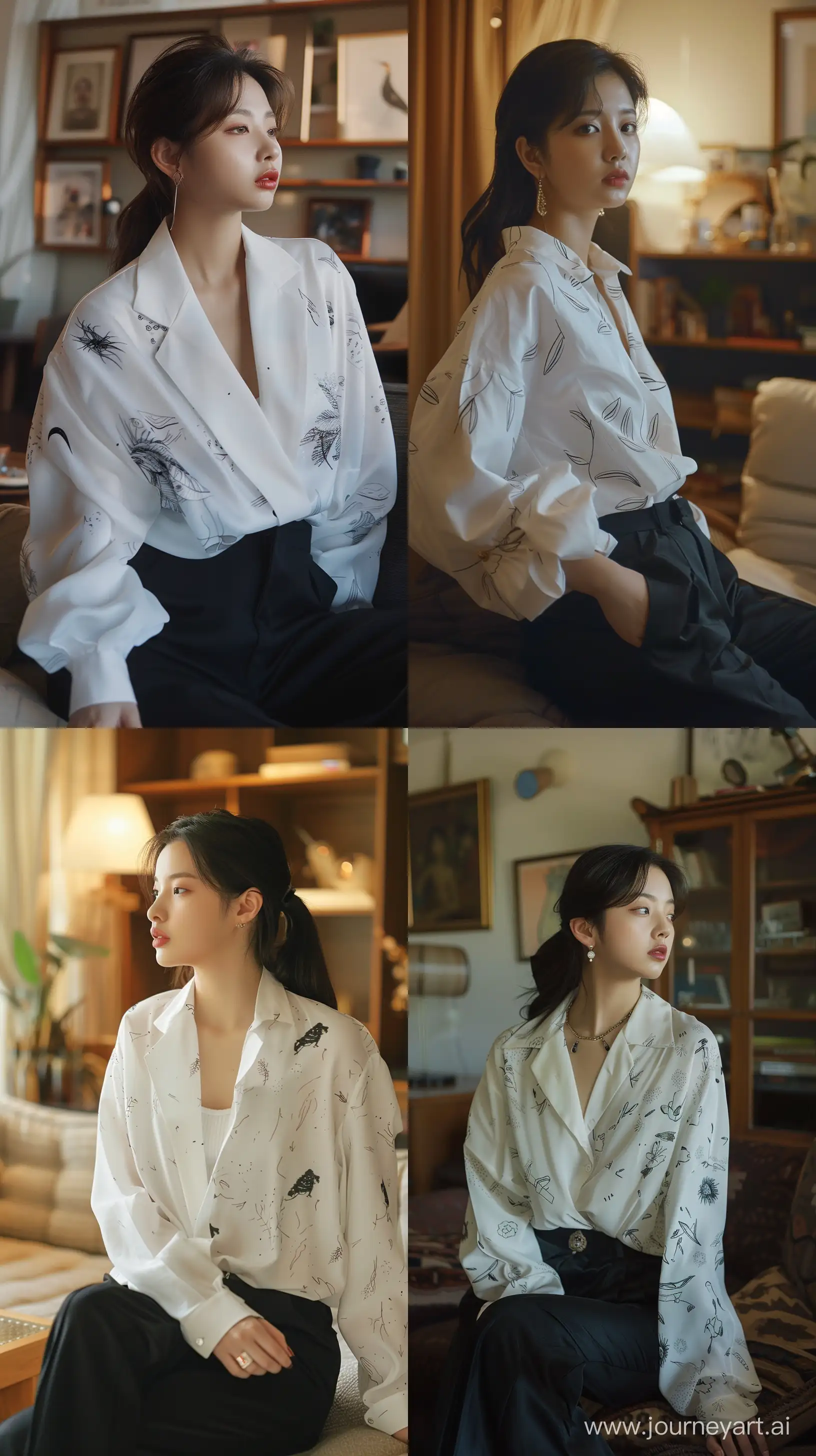 a profile beautiful Asian woman ,wearing white oversize motived blouse and black oversize suit pants sit on cozy living room a youthful appearance,profile, and facial features resembling Blackpink's Jennie without make up and accessories. --ar 9:16 --v 6