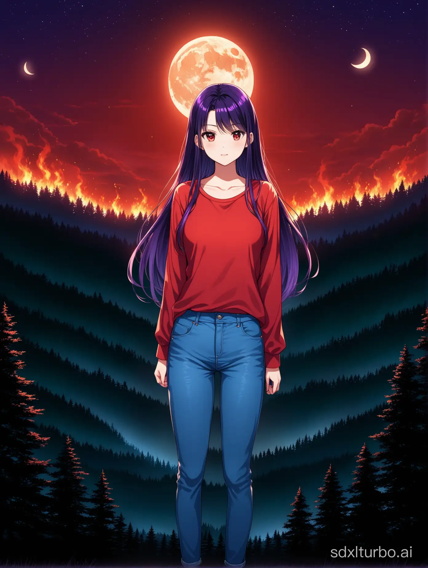 Rei Hino with purple highlights in her hair, in red colored casual clothing and a bluejeans, with a lonely, burning sickle moon on the distant horizon and a dark forest in the background.