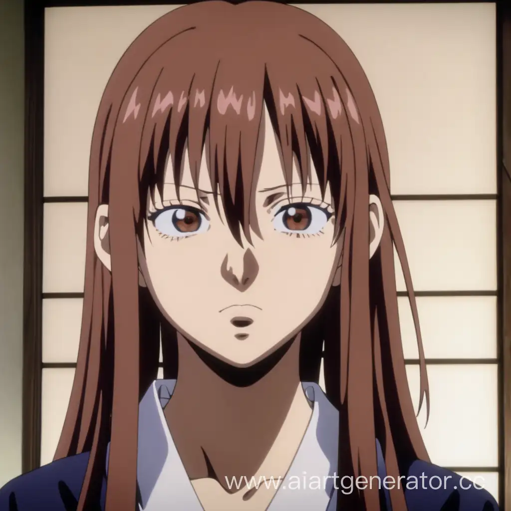 Jujutsu Kaisen screencap of a female with long straight brown hair, fair skin, elongated face shape and not very big brown eyes. 23 years old. a flirtatious expression on her face.