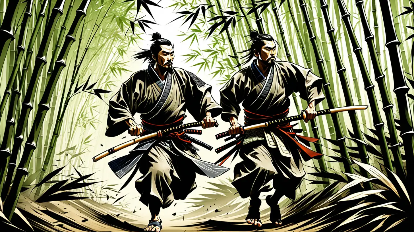 Energetic Samurai Sprinting Through Lush Bamboo Grove