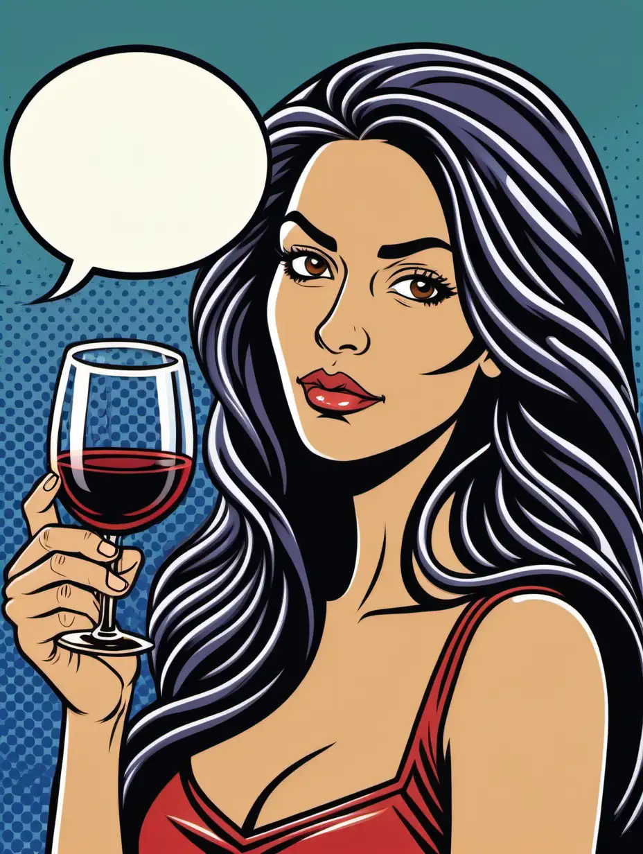 hispanic woman, long hair, outlines, thin lines, vector, lichtenstein style, with a thought bubble, badass expression, holding a glass of wine
