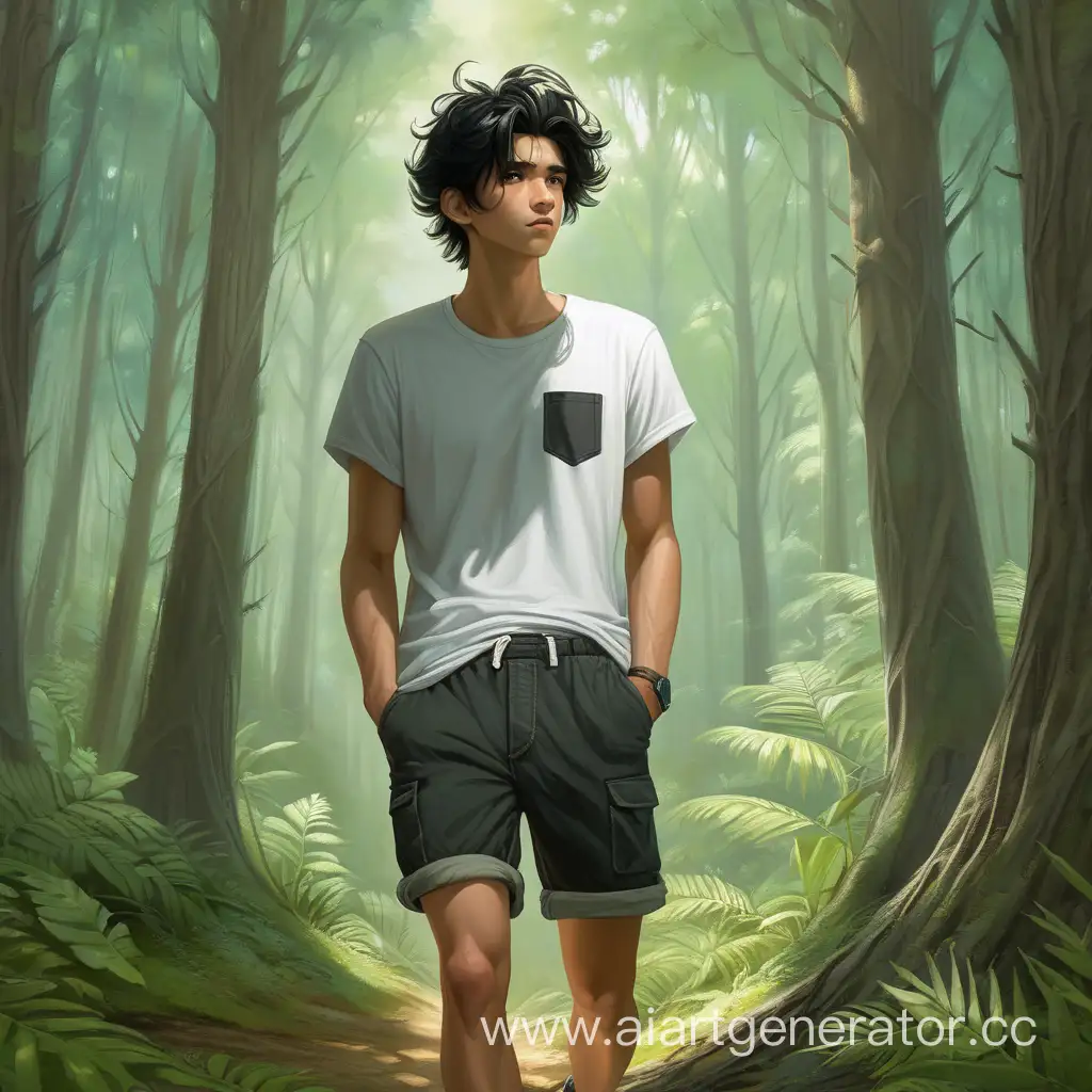 Парень ищет по лесу сунув руки в карман с черными растрепанные волосами, белой футболкой и в шортах.