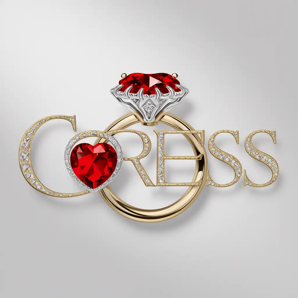 logo word "coress" o is gold wedding ring with precious stone in the shape of a red heart. 