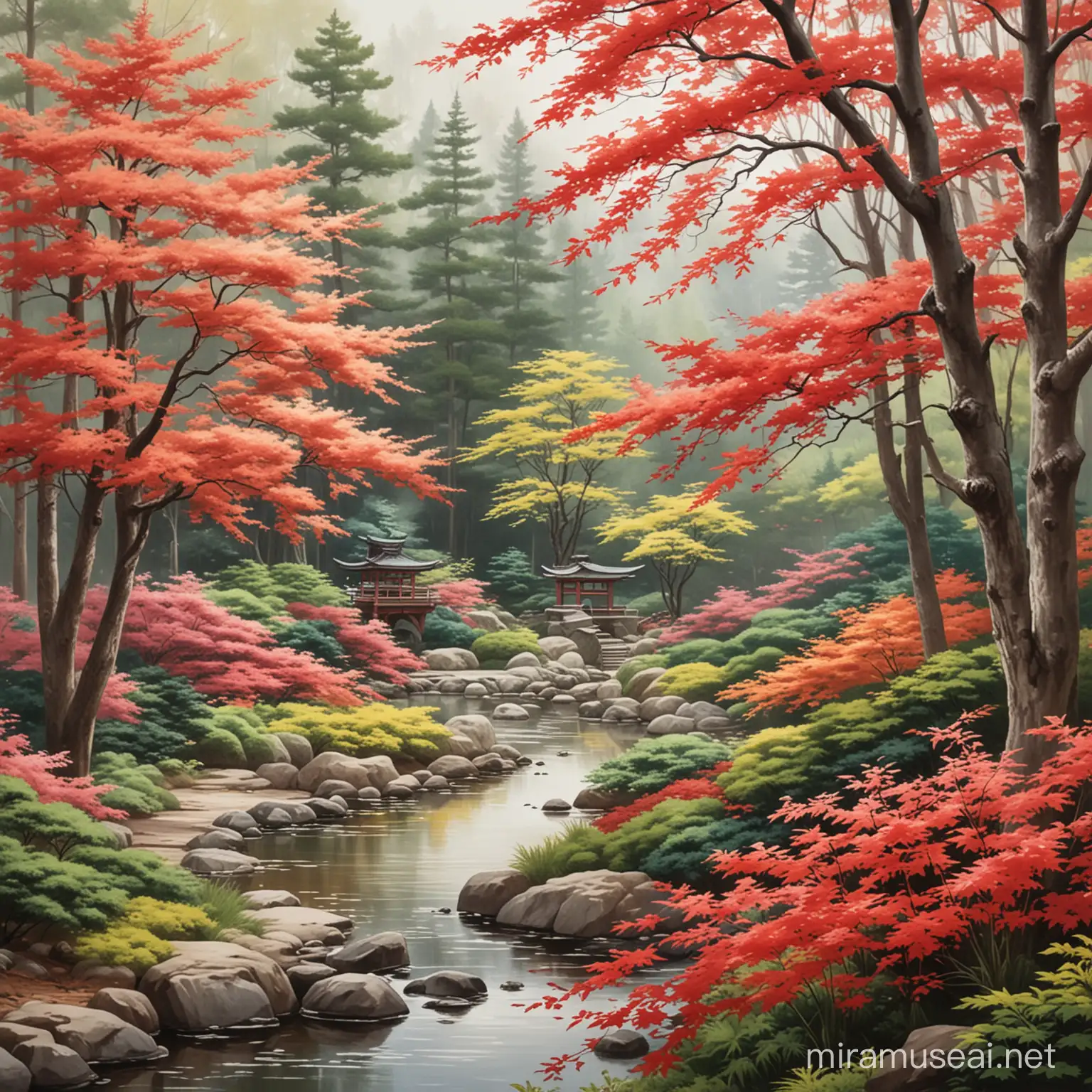 create a japanese painting of a garden with red maple and limber pine trees and azaleas