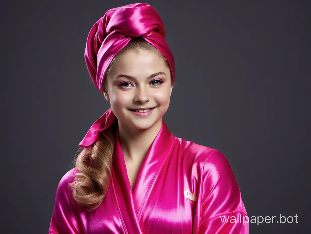Yulia-Lipnitskaya-Smiles-in-Fuchsia-Silk-Robe-and-Turban