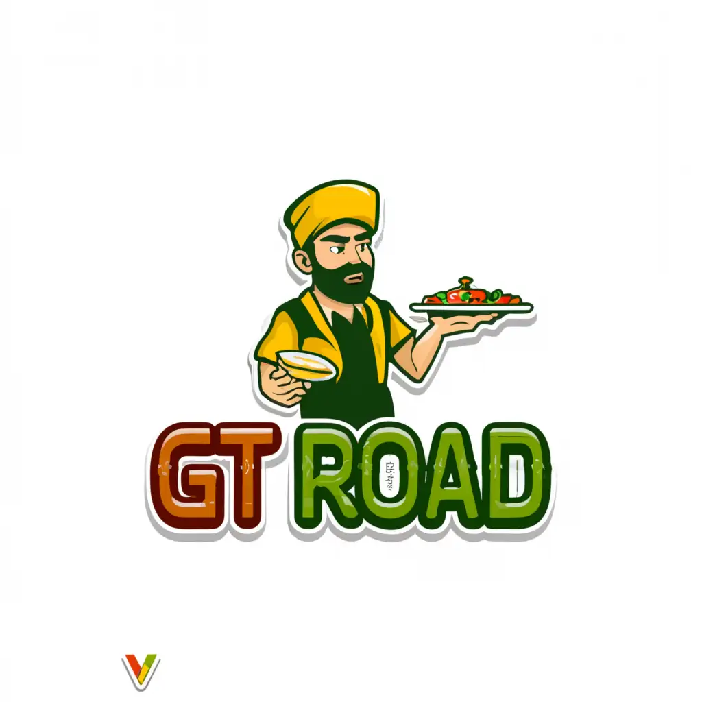 a logo design,with the text "GT ROAD", main symbol:LOGO include need   a pakistani man food serve color in green, red , yellow.,Moderate,clear background