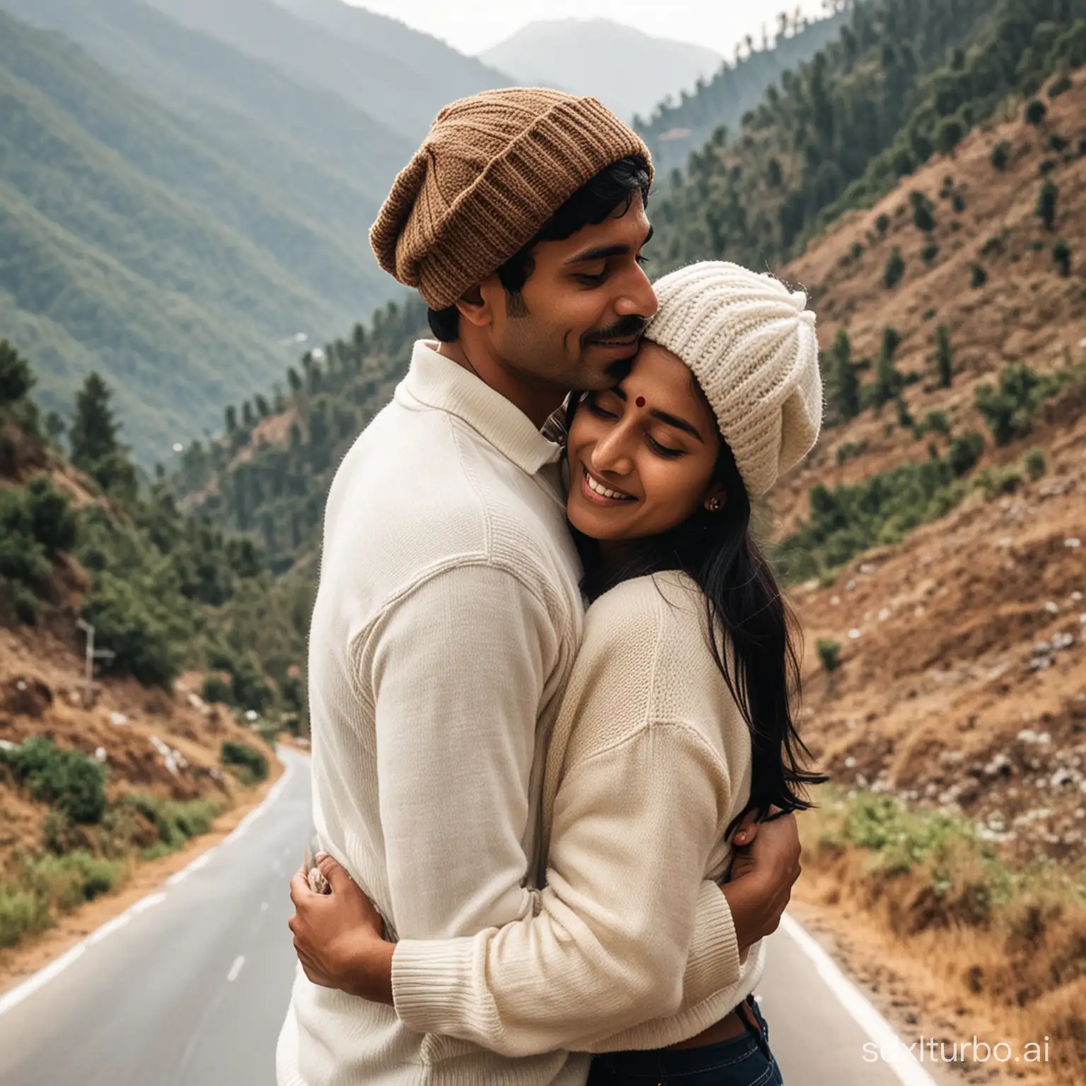 Indian 30 years old lady wearing jerkin and woolen cap hugging his husband wearing white shirt in a hill station road