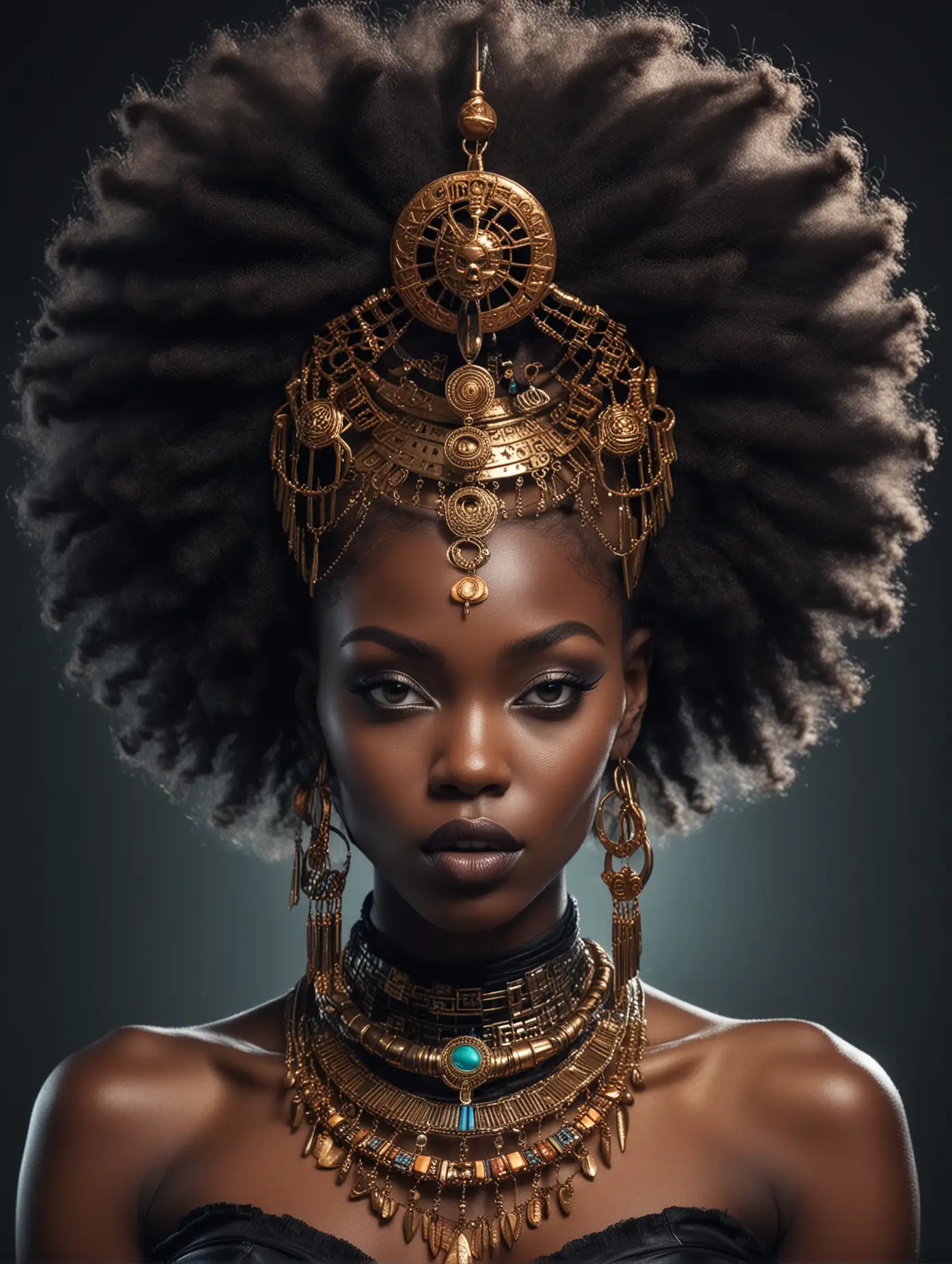 AFRO FUTURISTIC LADY WITH AFRICAN JEWELLERY AND A HALLOWEEN SPOOKY FEEL TO THE IMAGE