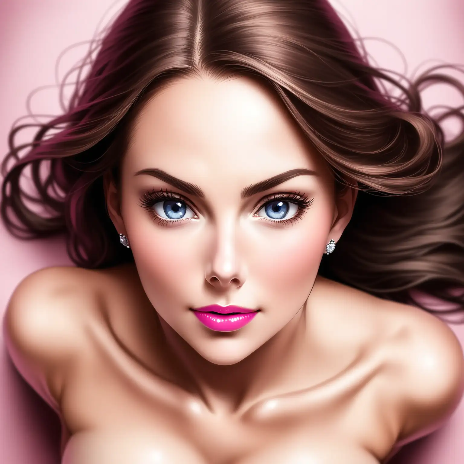 Vue dynamique en plongée de face, pose très très suggestive sexuelle aguicheuse Kate Middleton rouge à lèvres rose, regard soumis expression d'horreur,  nue