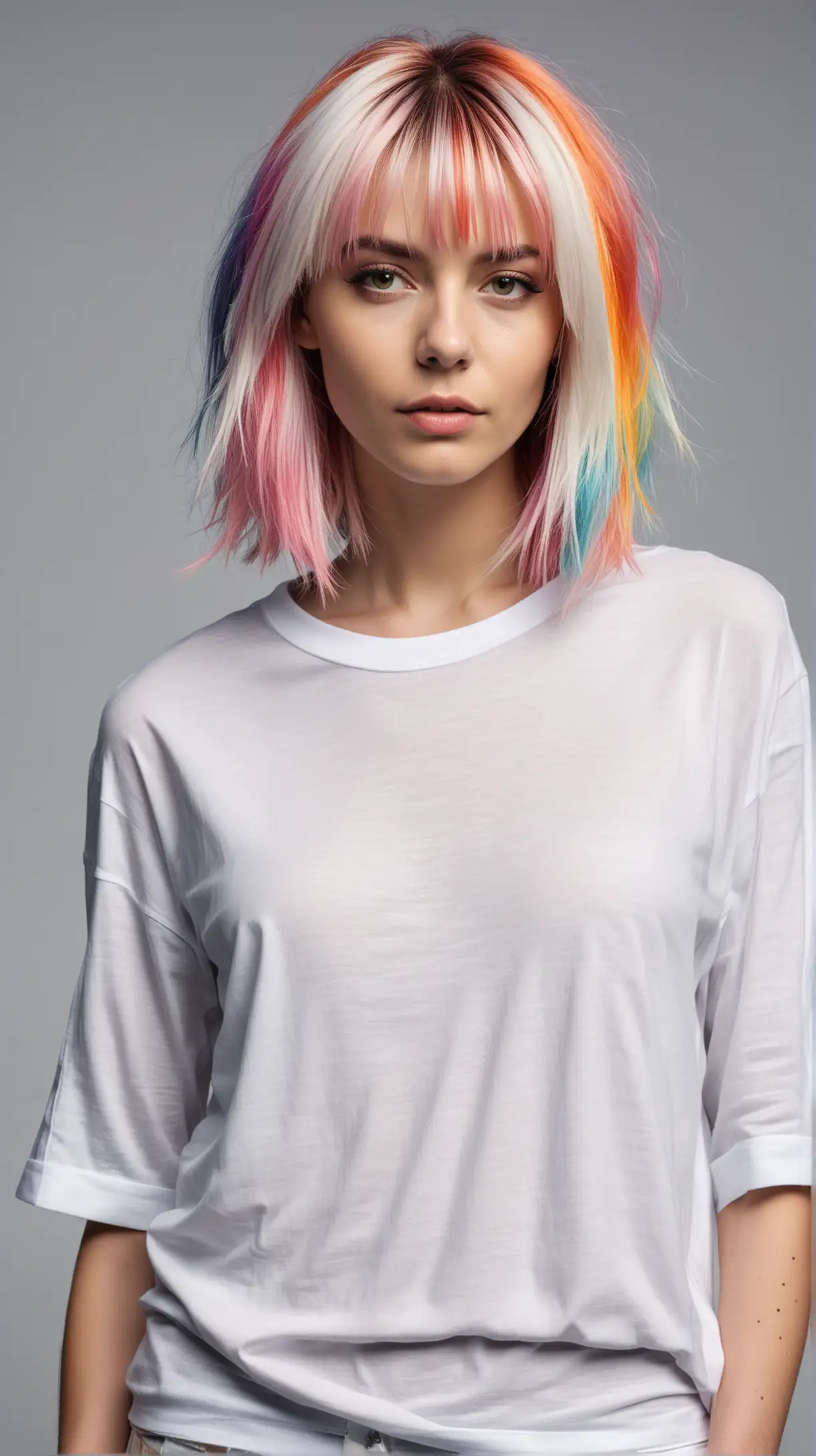 Beautiful model with an Avant-garde haircut, long colorful hair layered, 30 years old, wearing a white T-shirt