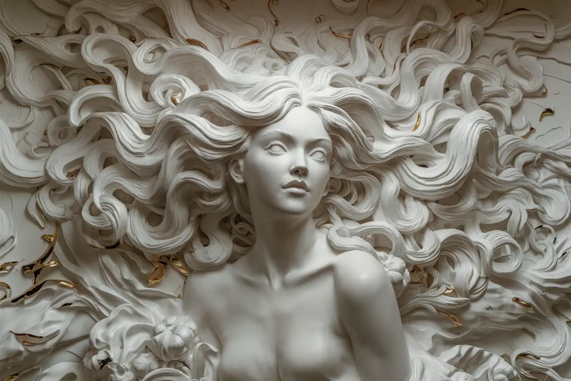 white basrelief sculpture of young woman with huge flowing hair around on the background on half height and gold elements