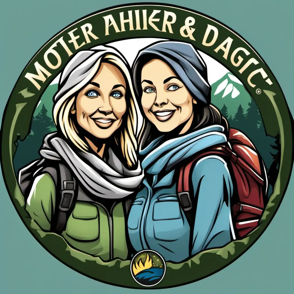 Logo for mother and daughter hiking team. Mother has dark hair with silver streaks, dark eyes and is 65 years old. Daughter is 55 years old, has blonde hair and blue eyes. They both have  scarves wrapped around their heads. They take up maybe 20% of the area of the logo and the rest is nature. Make it in a realistic cartoon style. don’t make them look perfect. The two women are standing in the distance so you can see their whole bodies