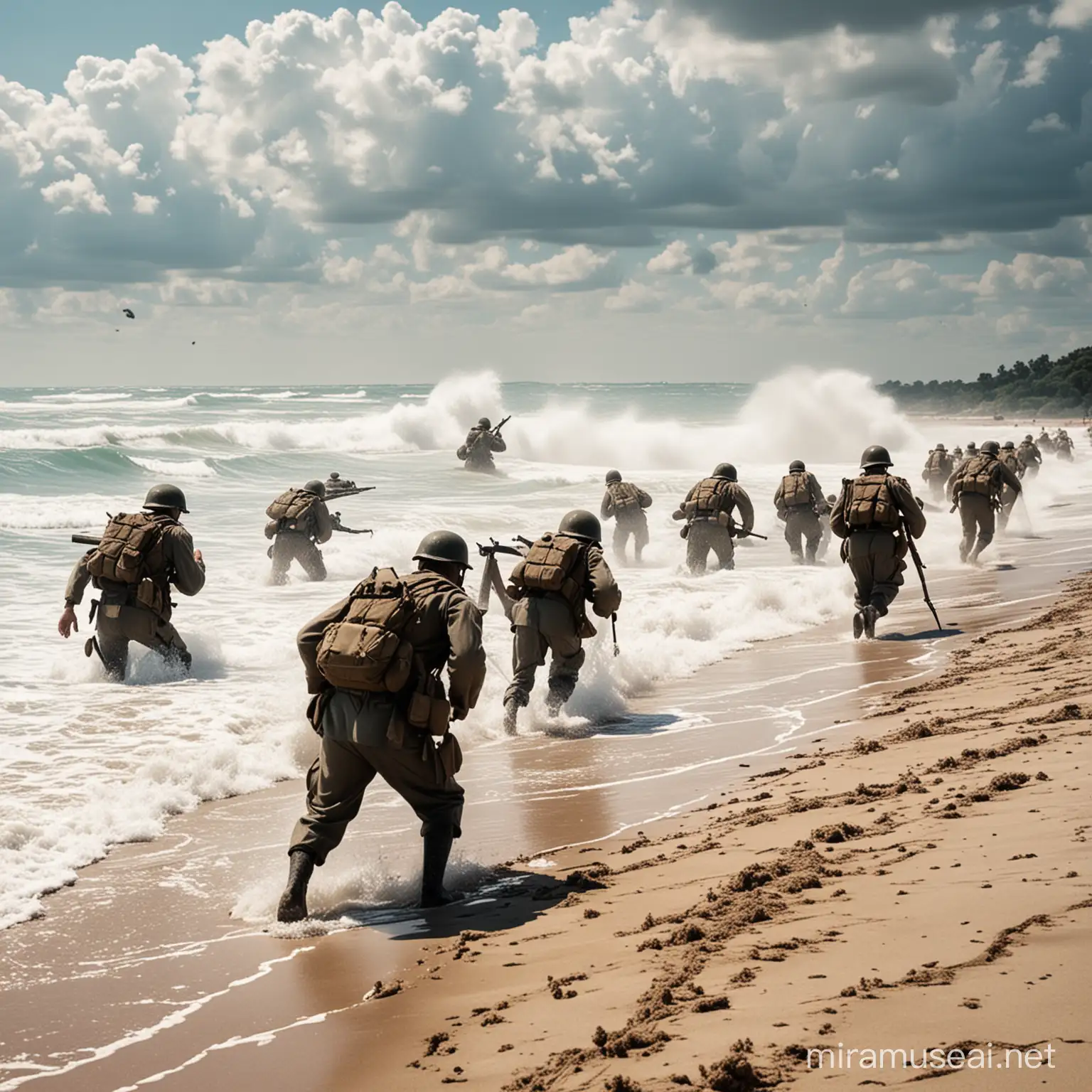 World War II soldiers storming the beach