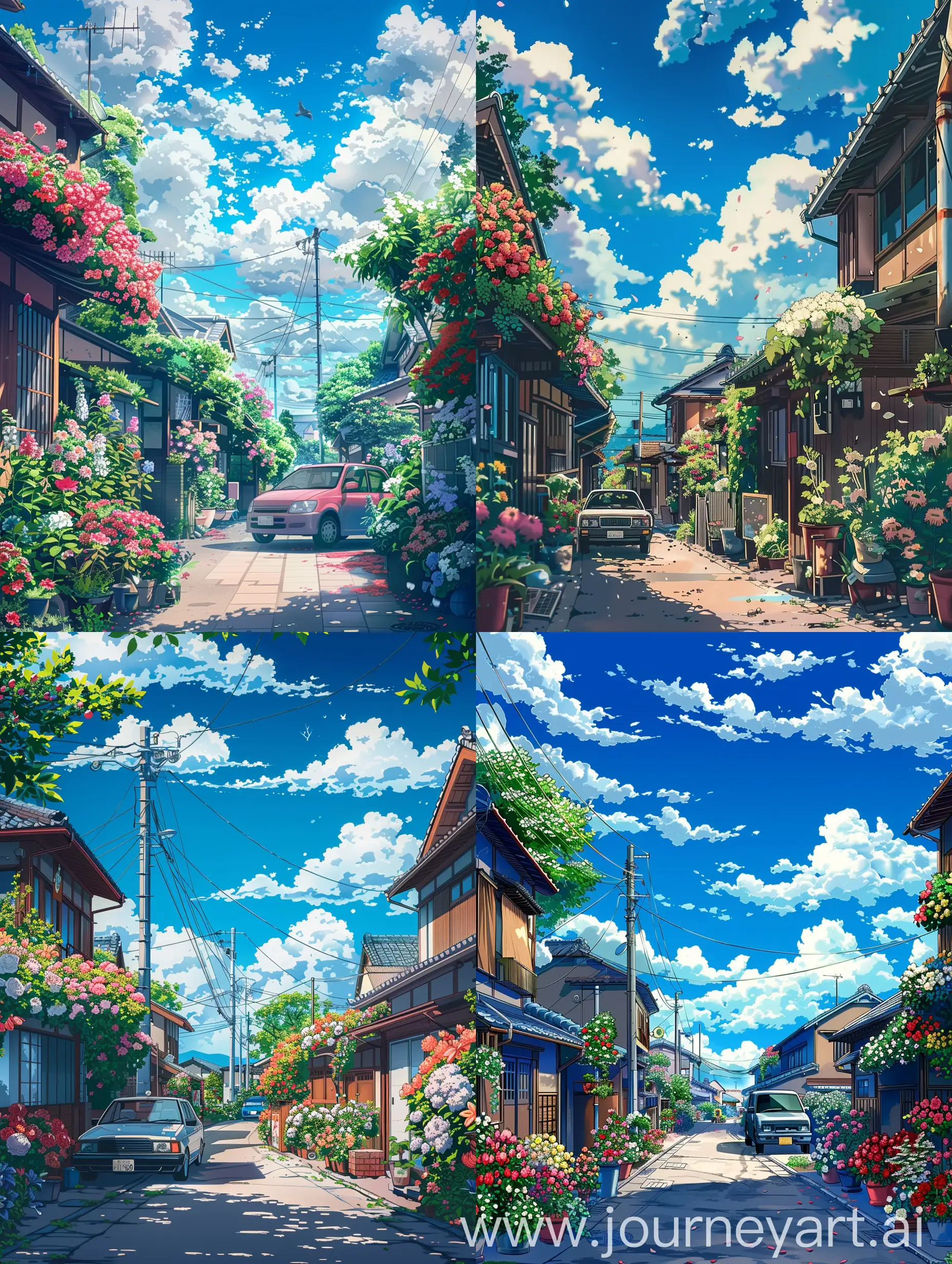 A simple Japanese street, full of flowers and a car.  Blue sky with clouds, anime style.