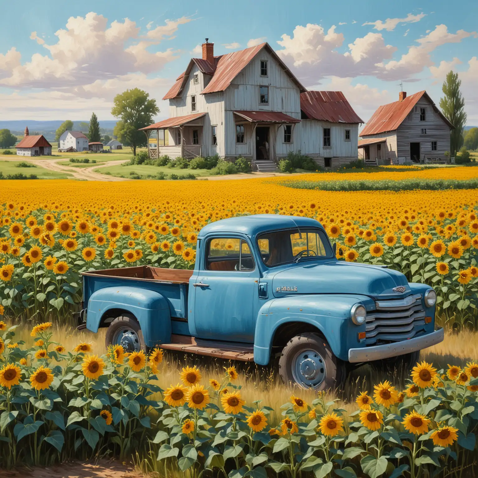 Oil painting with an old blue truck in a field of sunflowers in the foreground, and a farmhouse in the background