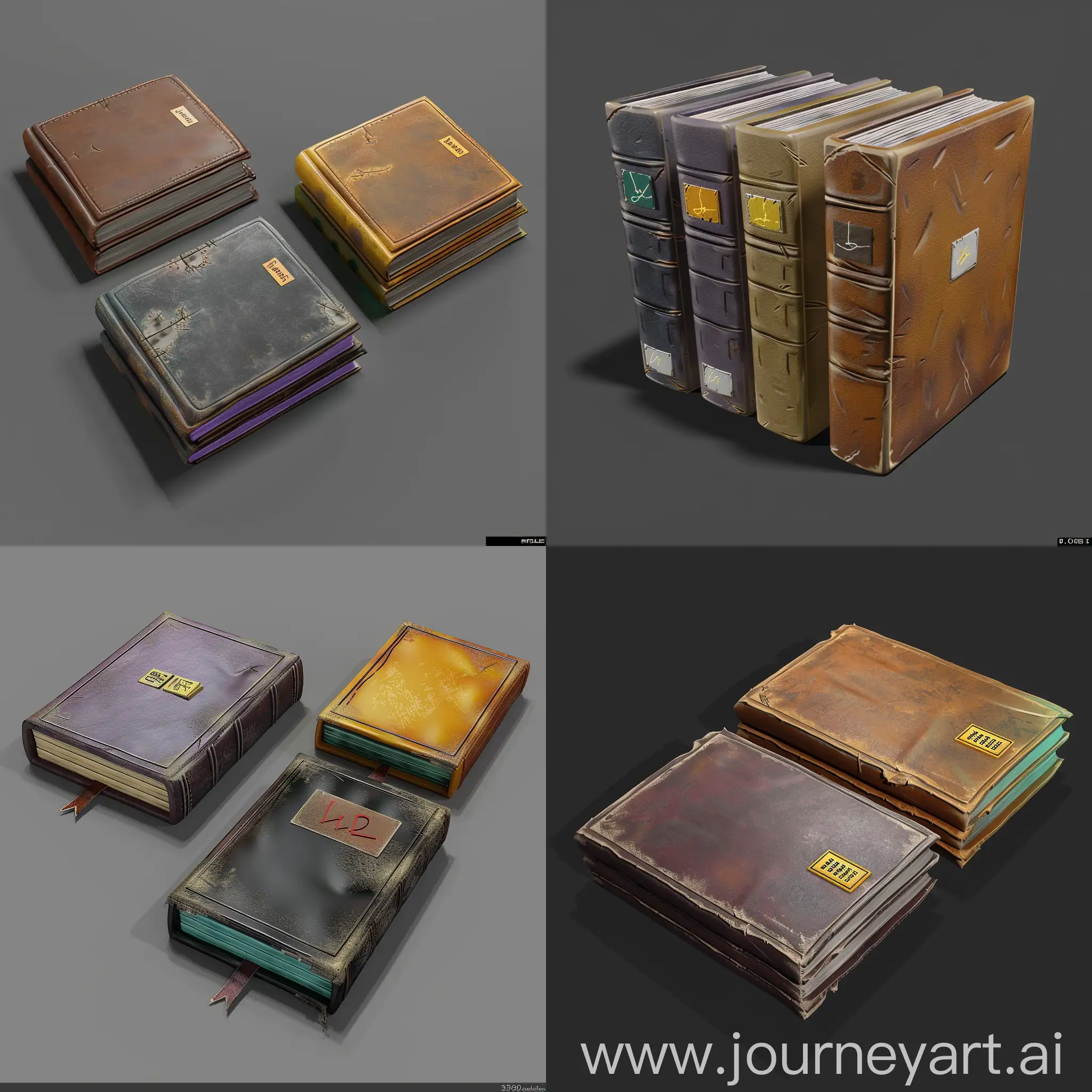 https://imgbly.com/ib/NhVu9noHmK.jpg realistic wornclean very thin books without text in style of realistic 3d blender game asset, leather cover, realistic style
