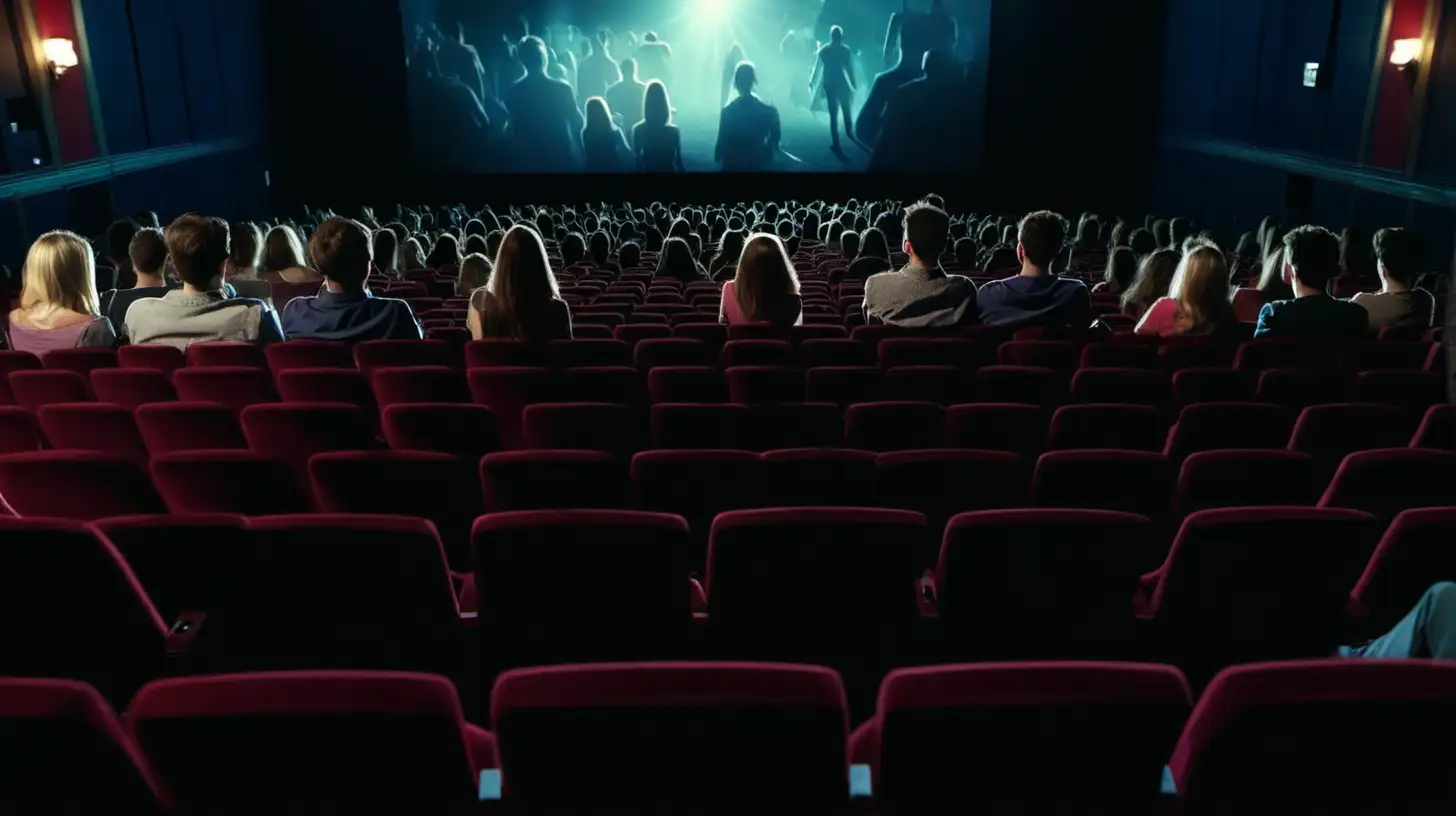 People seen from the back watching movie in theater