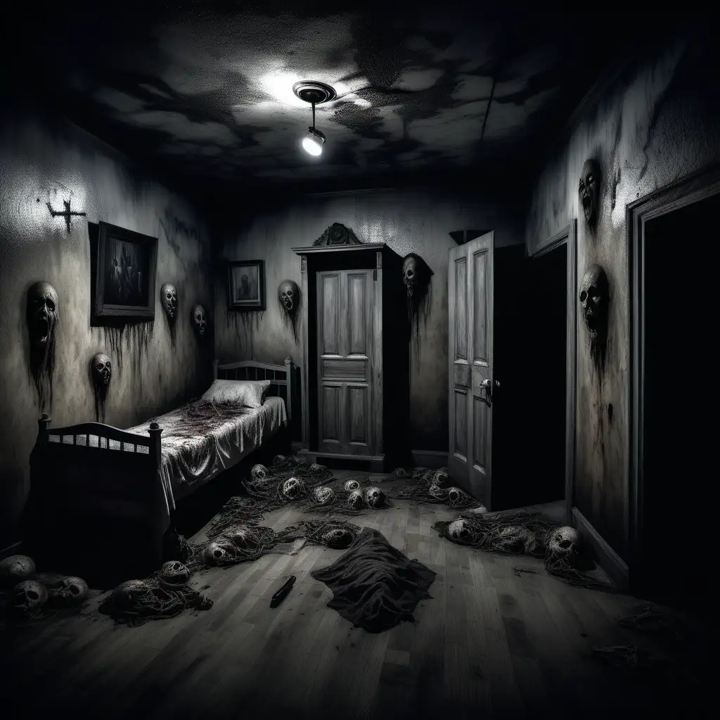 A horror room in a haunted house like in a terror movie, scary style, hyper realistic photography, ultra detailed