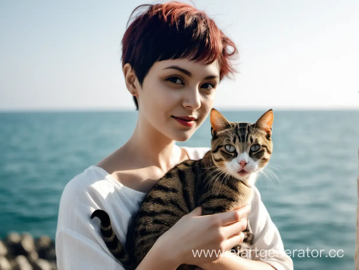 женщина, короткая прическа, держит кошку, море